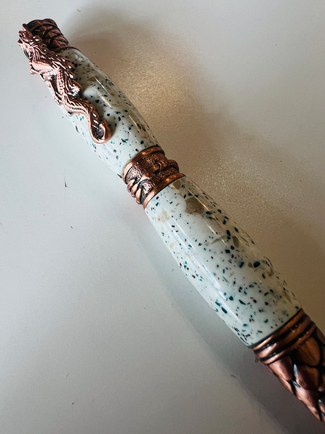 Pen Ballpoint Dragon Theme White Speckled Acrylic Antique Bronze Hardwar