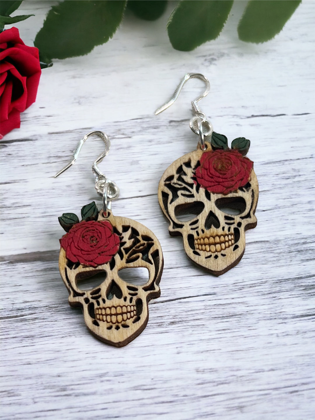 Earrings Wood Painted Sugar Candy Skull Day of the Dead dia de los Muertos Dangle Drop Handmade