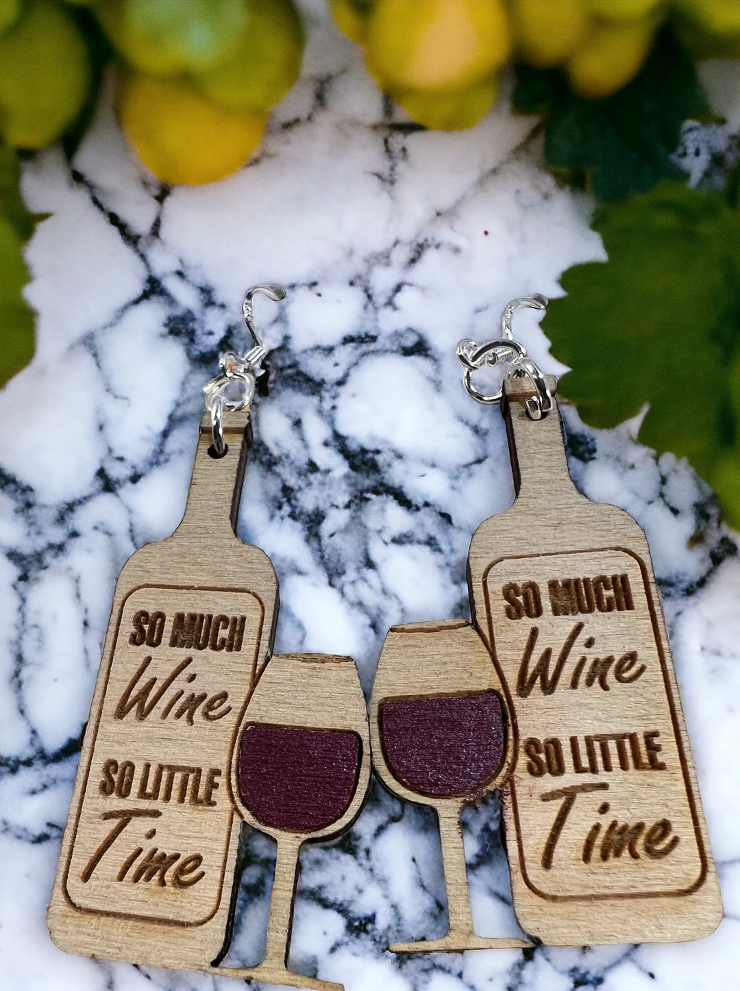 Earrings Wood Painted “So Much Wine So Little Time”  Wine glass bottle Dangle Drop Handmade