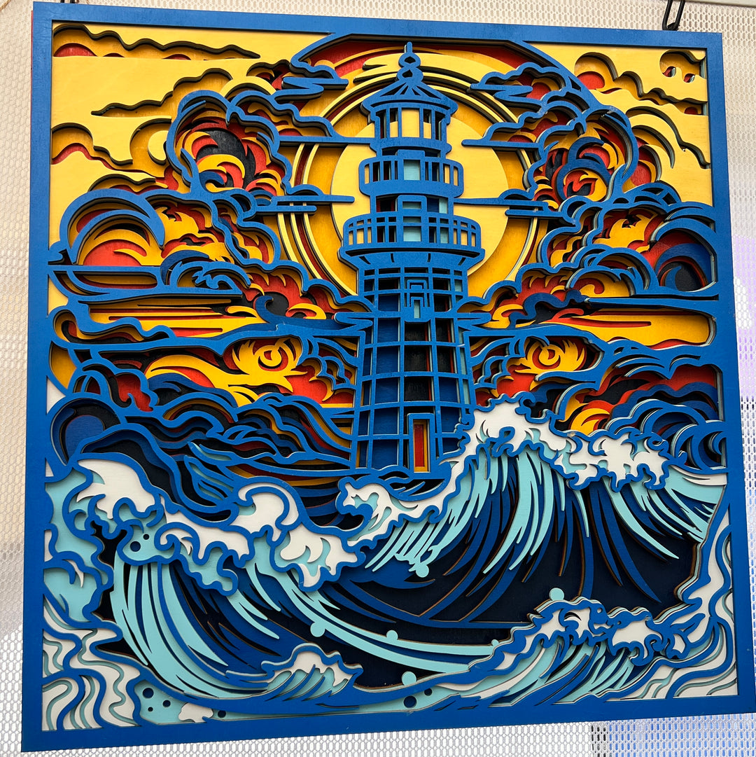 Lighthouse in rough Sea Mandala 3D Art Multilayer Wood