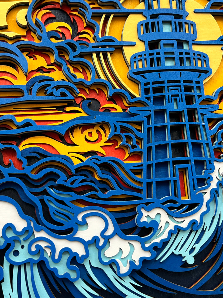 Lighthouse in rough Sea Mandala 3D Art Multilayer Wood