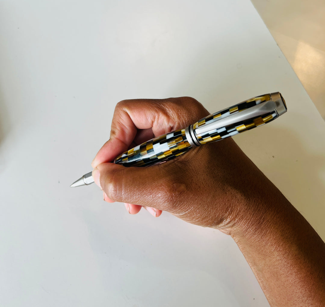 Pen Ballpoint Brown Black White White Acrylic with Two Tone Brushed Silver Hardware