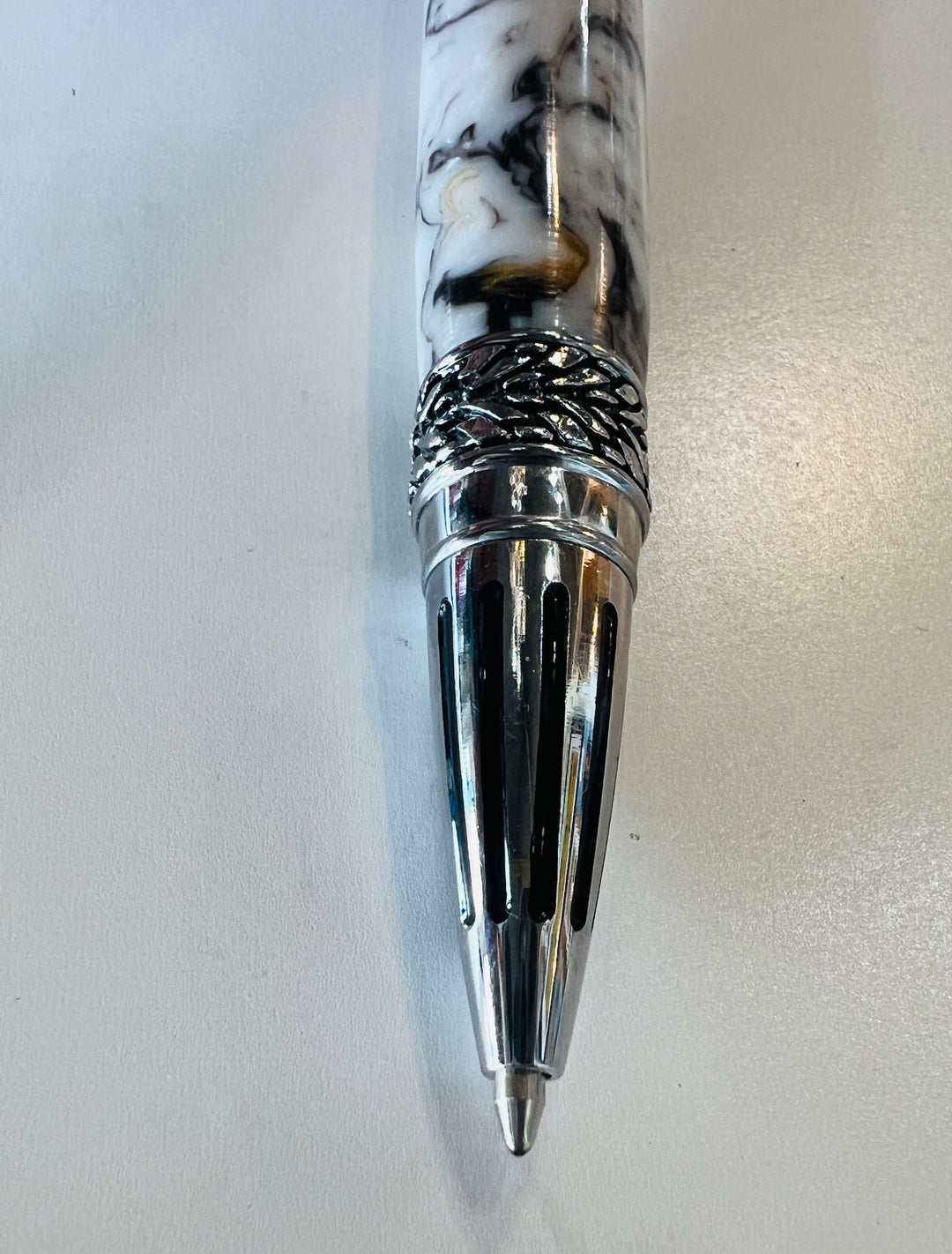 Pen Ballpoint White Black Brown Swirl Acrylic with Silver metal Hardware