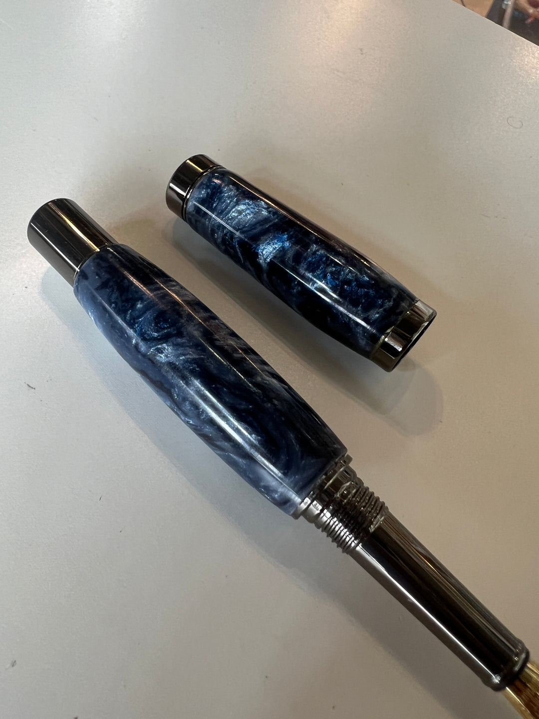 Pen Fountain Navy Blue Swirl Acrylic with Gunmetal Hardware