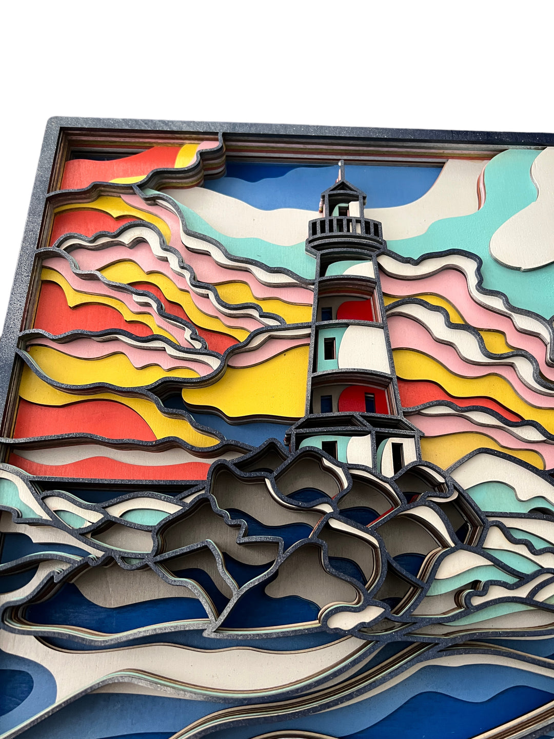 Wall Decoration Lighthouse with Colorful Skyline Wave Mandala 3D Art Multilayer Wood Art