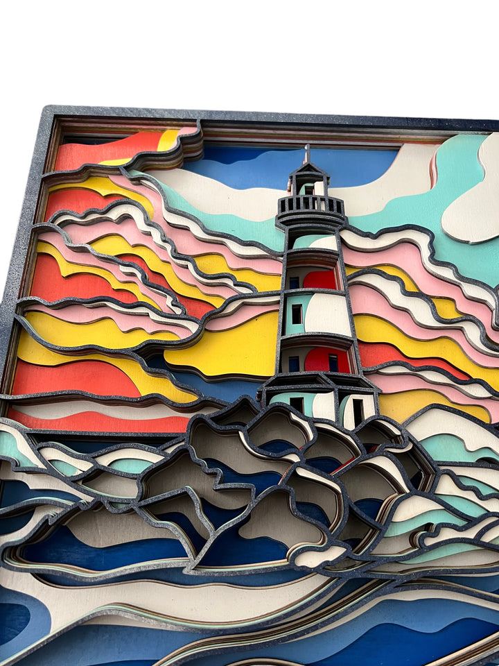 Wall Decoration Lighthouse with Colorful Skyline Wave Mandala 3D Art Multilayer Wood Art