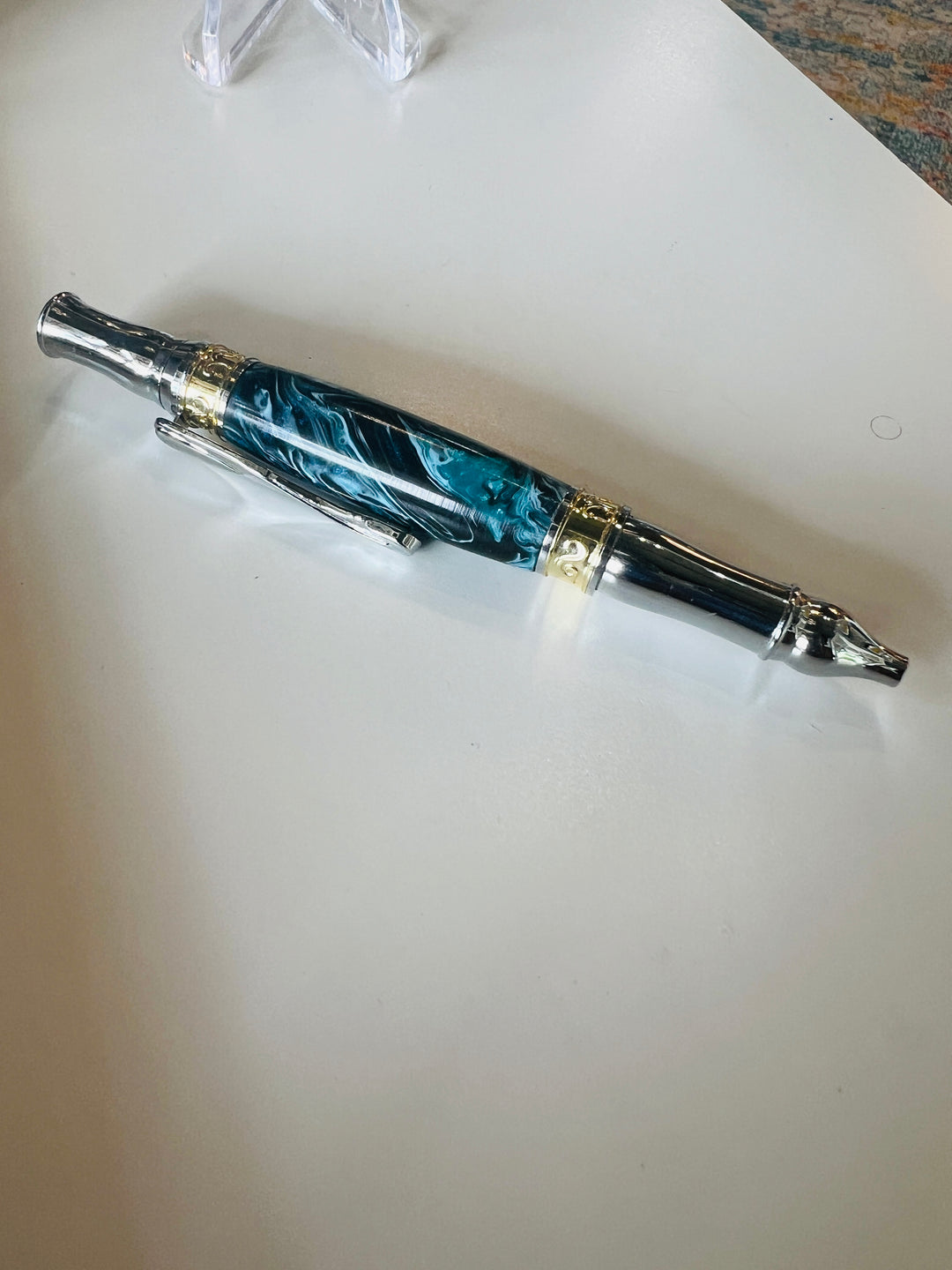 Pen Ballpoint Turquoise Black Swirl Acrylic with Two Tone Gold Silver Hardware