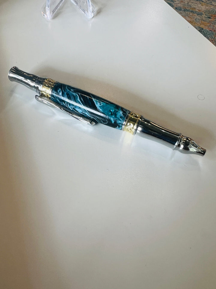 Pen Ballpoint Turquoise Black Swirl Acrylic with Two Tone Gold Silver Hardware