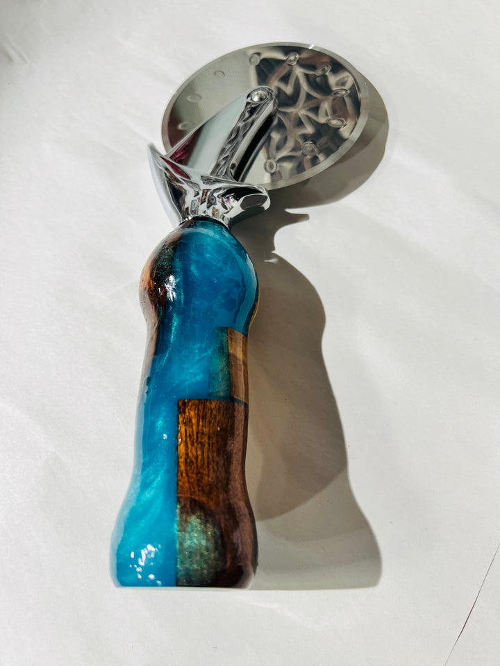 Pizza Cutter Multiple Hardwood Turquoise Blue Acrylic Handle with Stainless Steel Rotary Blade 9972
