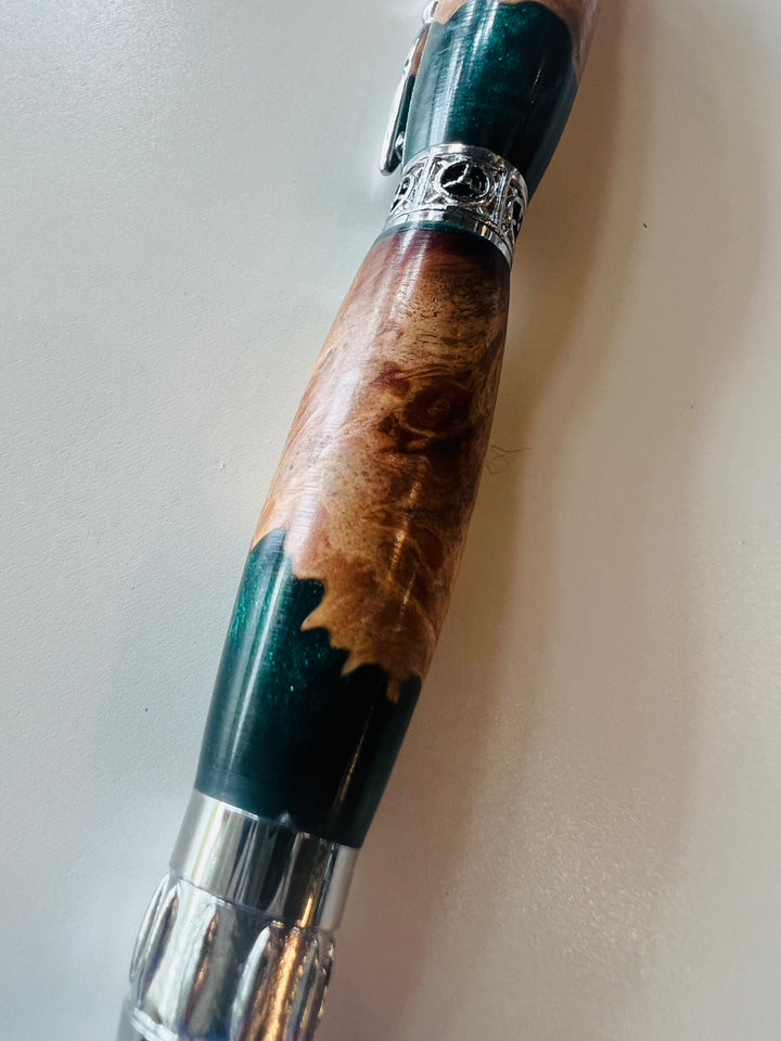 Pen Ballpoint Propeller Pilot Theme Green Walnut Burl Silver Hardware