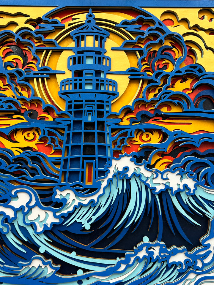 Lighthouse in rough Sea Mandala 3D Art Multilayer Wood
