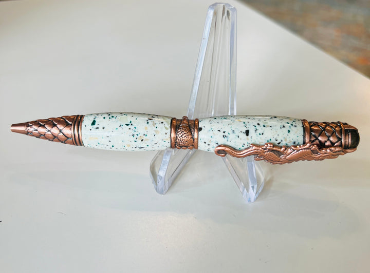 Pen Ballpoint Dragon Theme White Speckled Acrylic Antique Bronze Hardwar