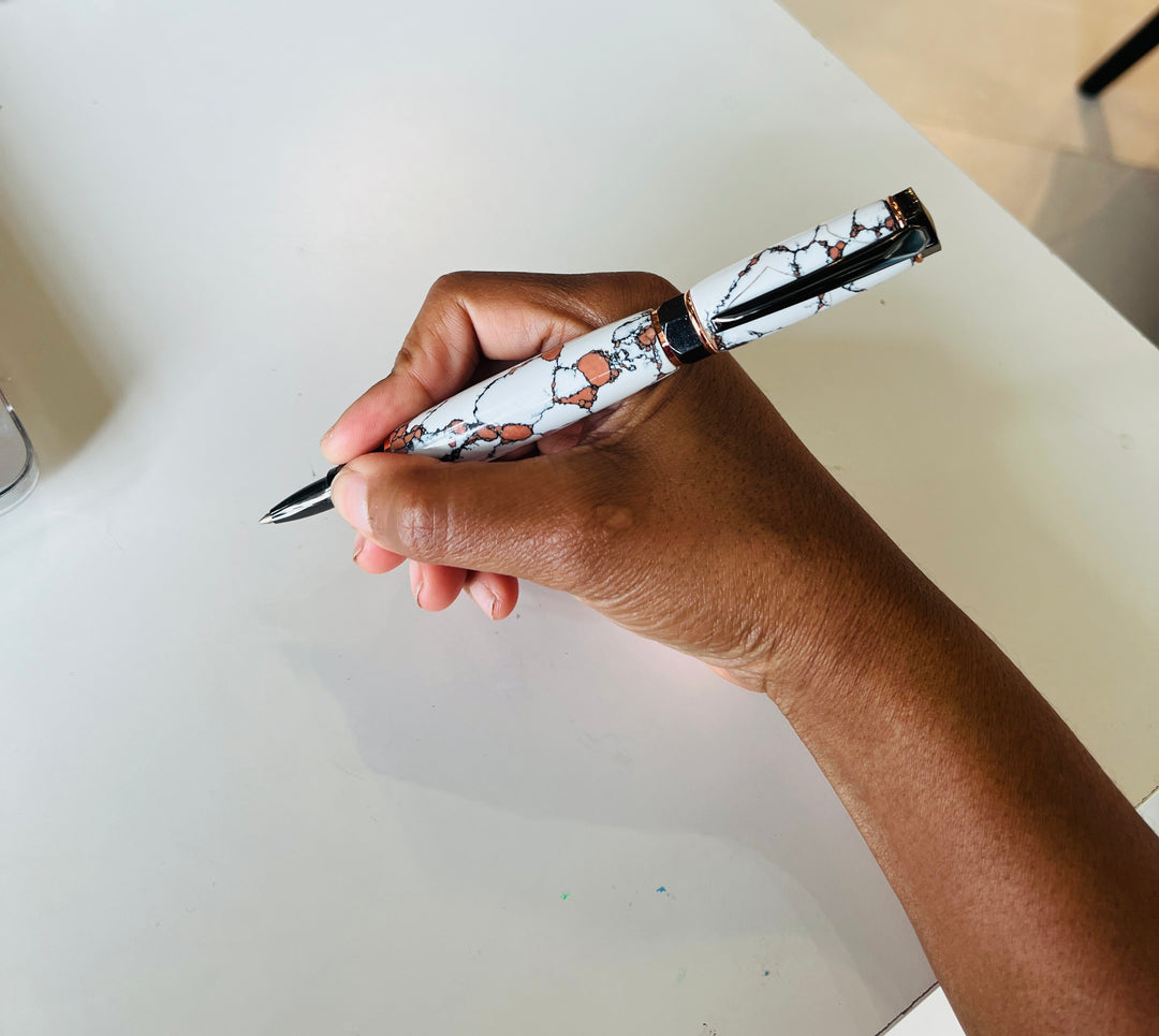 Pen Ballpoint Rock White Bronze with Two Tone Gunmetal Rose Gold Hardware