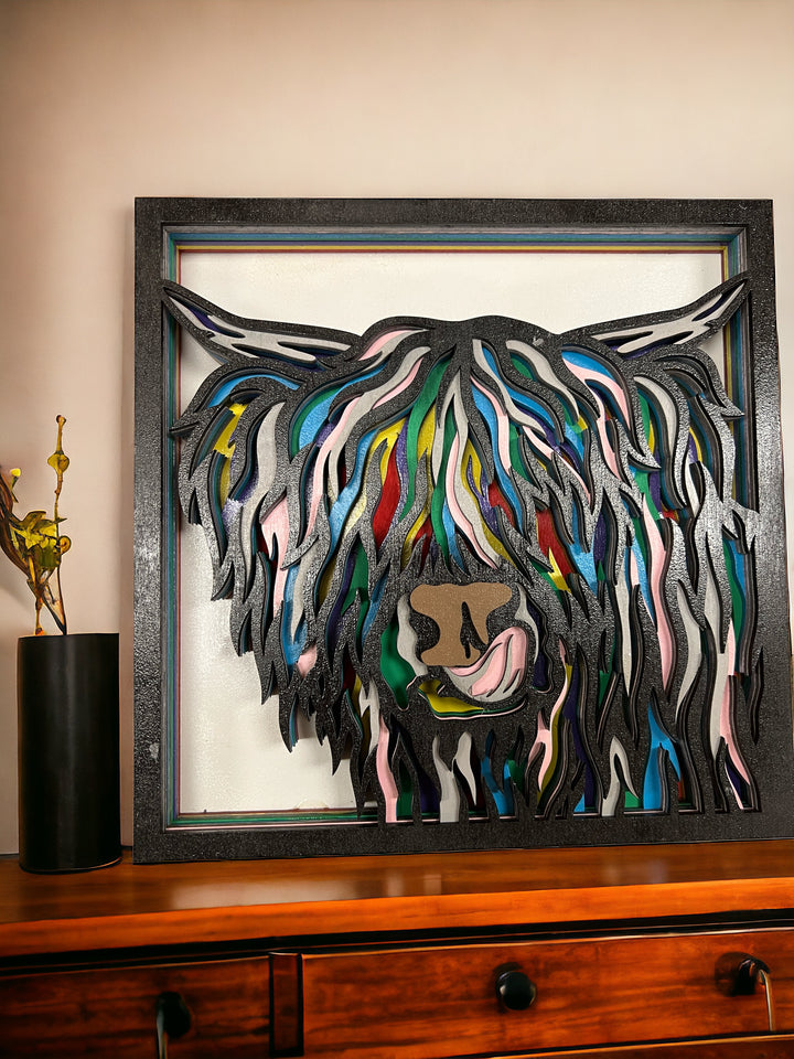 Wall Decoration Highland Cow Yak Colorful Layer Wood Art 3D Multilayer Art