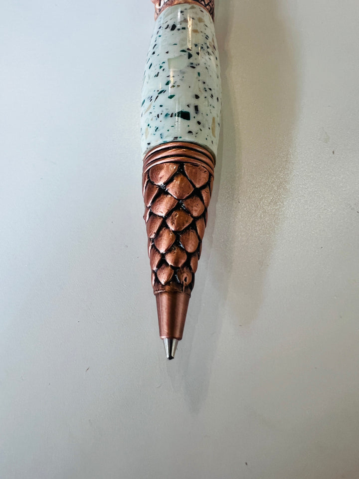 Pen Ballpoint Dragon Theme White Speckled Acrylic Antique Bronze Hardwar