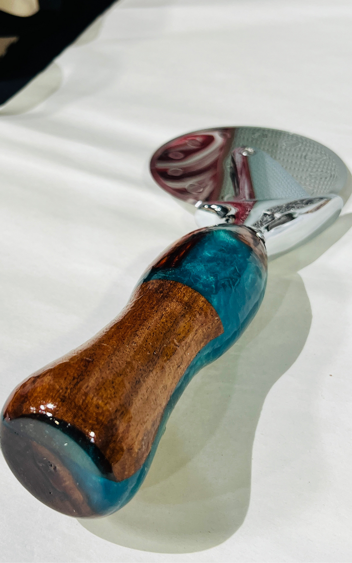 Pizza Cutter Multiple Hardwood Turquoise Blue Acrylic Handle with Stainless Steel Rotary Blade 9974