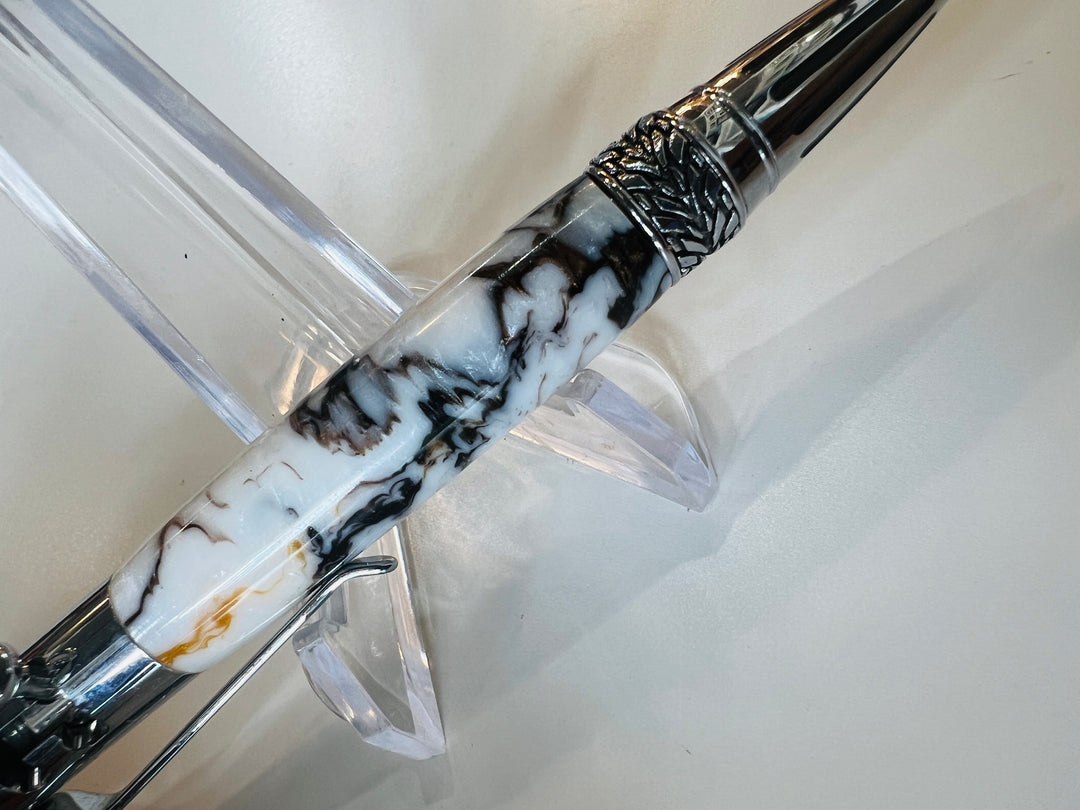 Pen Ballpoint White Black Brown Swirl Acrylic with Silver metal Hardware