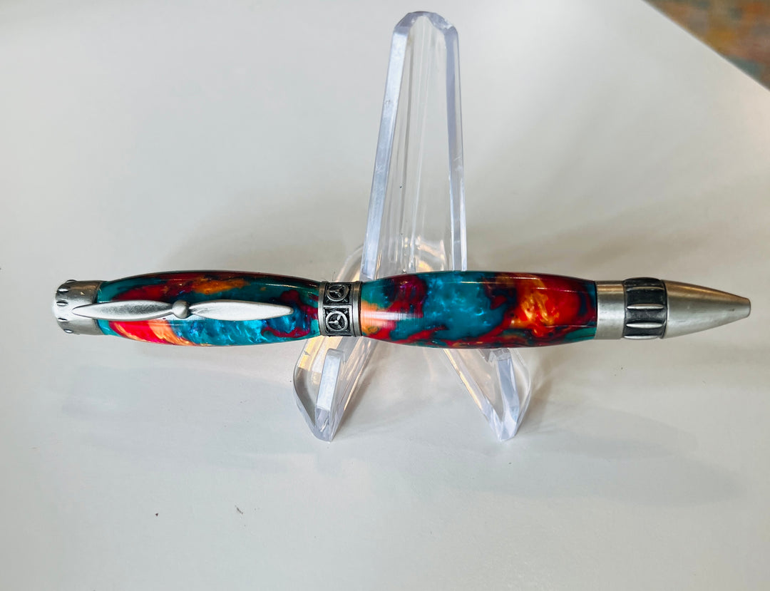 Pen Ballpoint Propeller Pilot Theme Green Red Orange Acrylic Brushed Silver Hardware