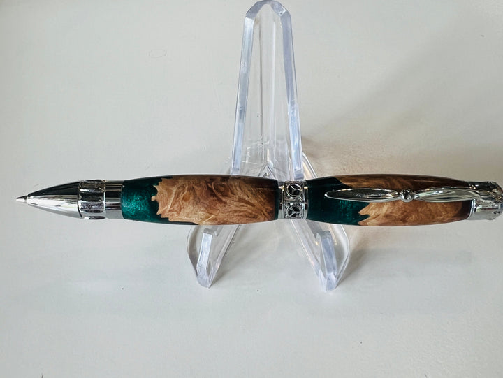 Pen Ballpoint Propeller Pilot Theme Green Walnut Burl Silver Hardware