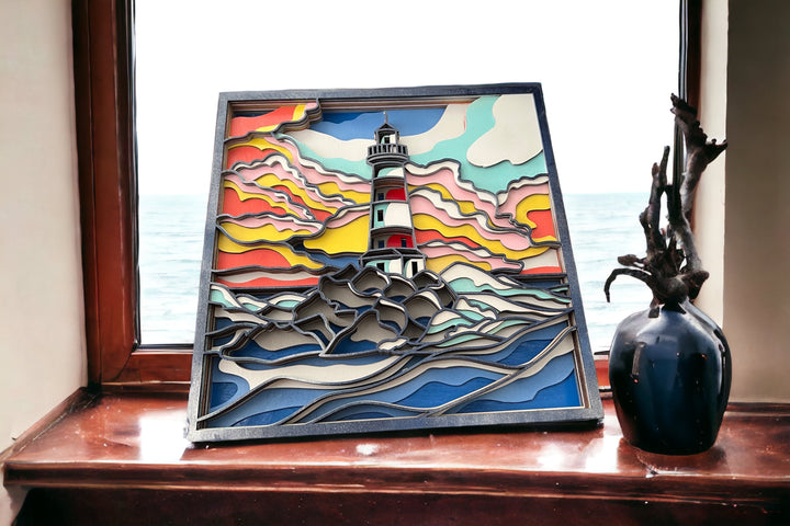 Wall Decoration Lighthouse with Colorful Skyline Wave Mandala 3D Art Multilayer Wood Art