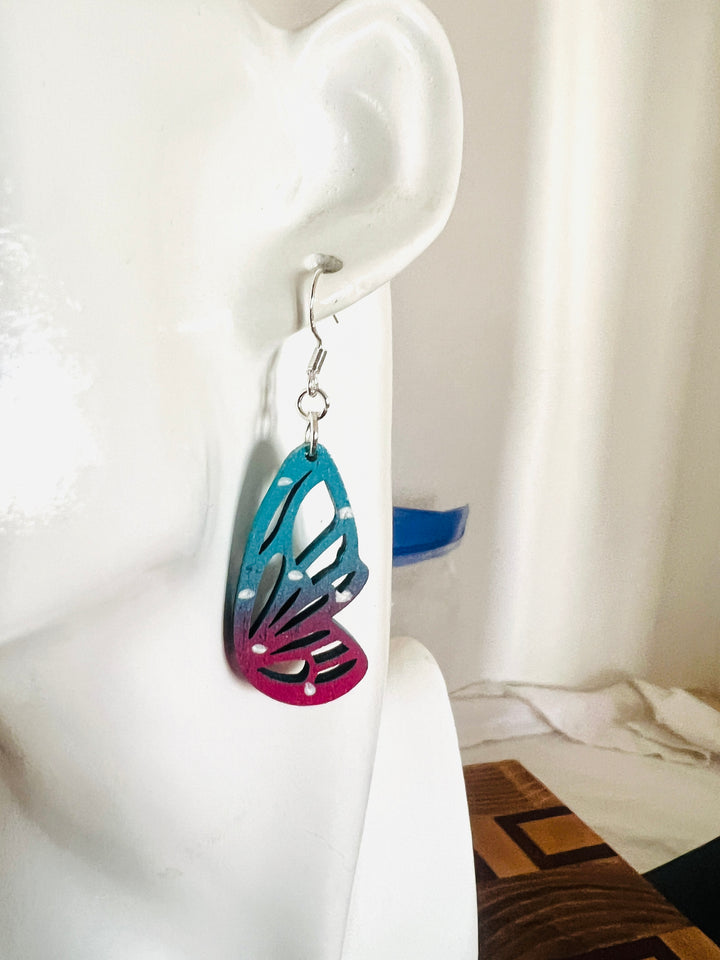 Earrings Wood Butterfly Wing Colorful Dangle Drop Ear Hook