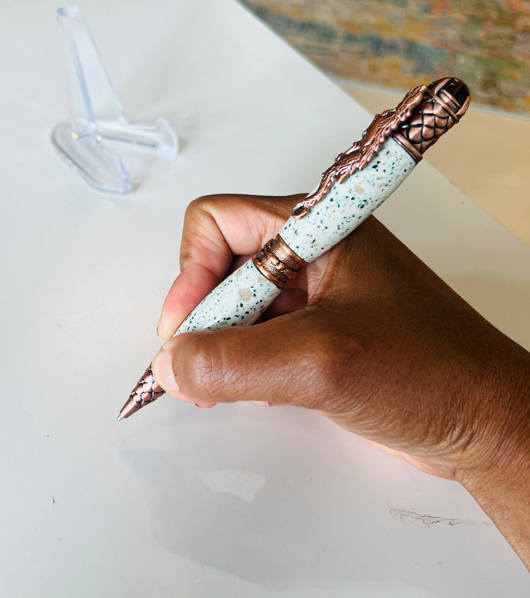 Pen Ballpoint Dragon Theme White Speckled Acrylic Antique Bronze Hardwar