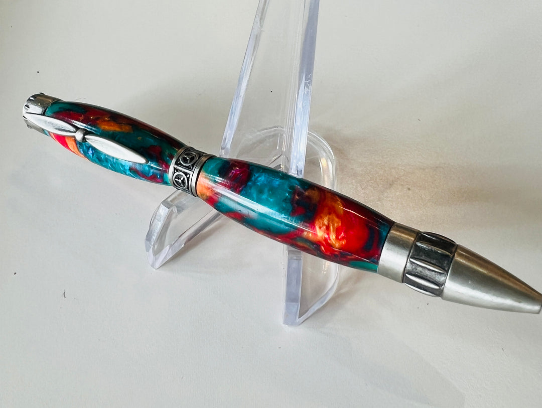 Pen Ballpoint Propeller Pilot Theme Green Red Orange Acrylic Brushed Silver Hardware