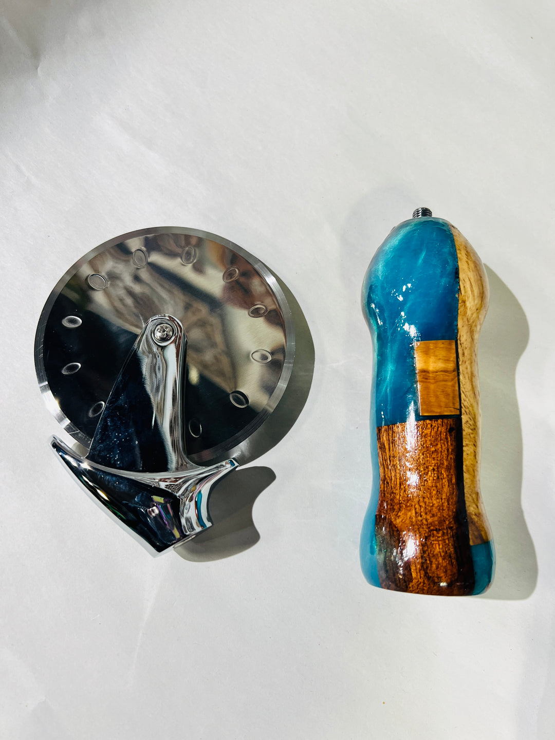 Pizza Cutter Multiple Hardwood Turquoise Blue Acrylic Handle with Stainless Steel Rotary Blade 9972