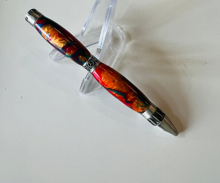 Pen Ballpoint Propeller Pilot Theme Green Red Orange Acrylic Brushed Silver Hardware