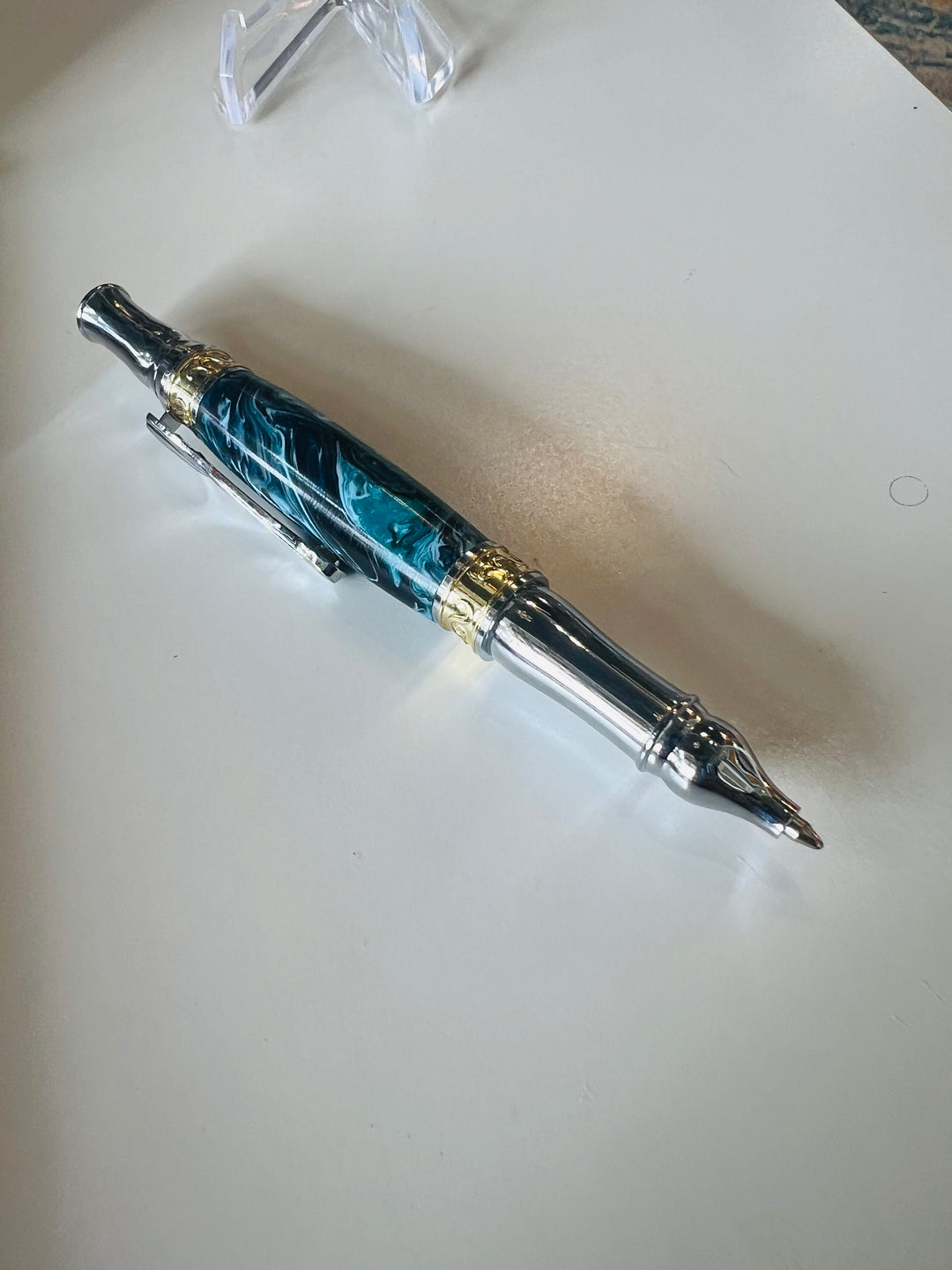 Pen Ballpoint Turquoise Black Swirl Acrylic with Two Tone Gold Silver Hardware