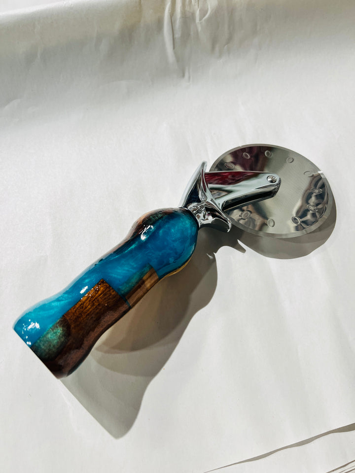 Pizza Cutter Multiple Hardwood Turquoise Blue Acrylic Handle with Stainless Steel Rotary Blade 9972