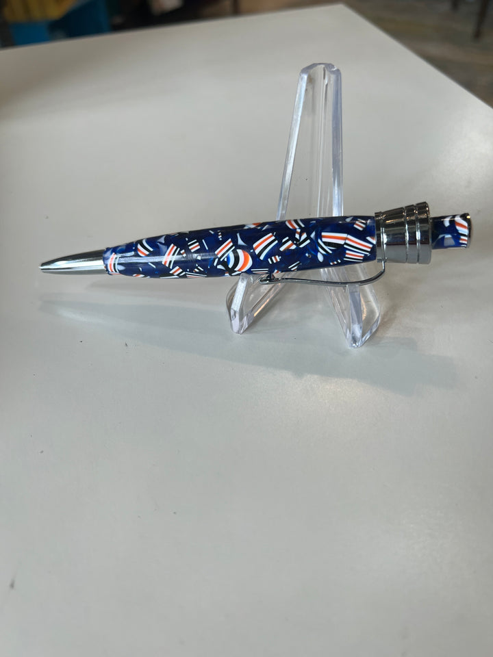 Pen Ballpoint Blue Orange White Confetti Acrylic with Silver metal Hardware