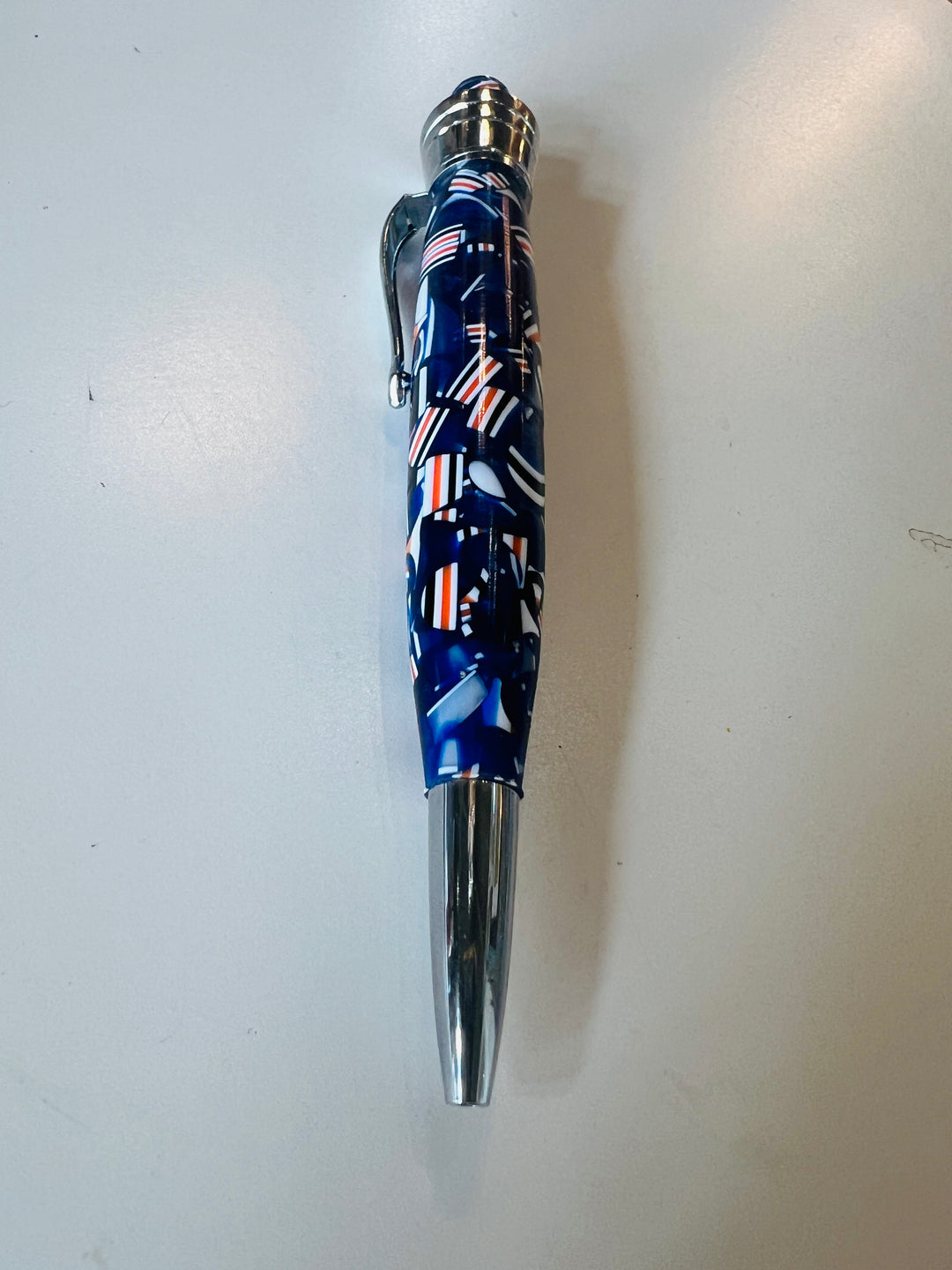 Pen Ballpoint Blue Orange White Confetti Acrylic with Silver metal Hardware