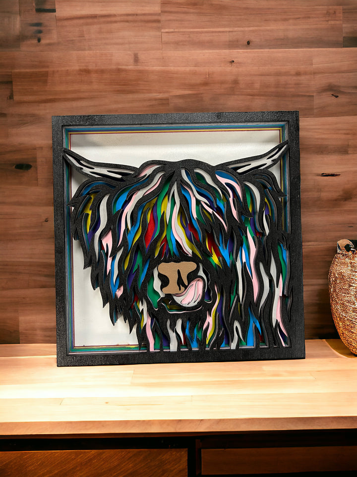 Wall Decoration Highland Cow Yak Colorful Layer Wood Art 3D Multilayer Art