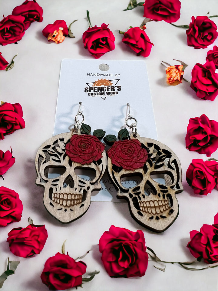 Earrings Wood Painted Sugar Candy Skull Day of the Dead dia de los Muertos Dangle Drop Handmade