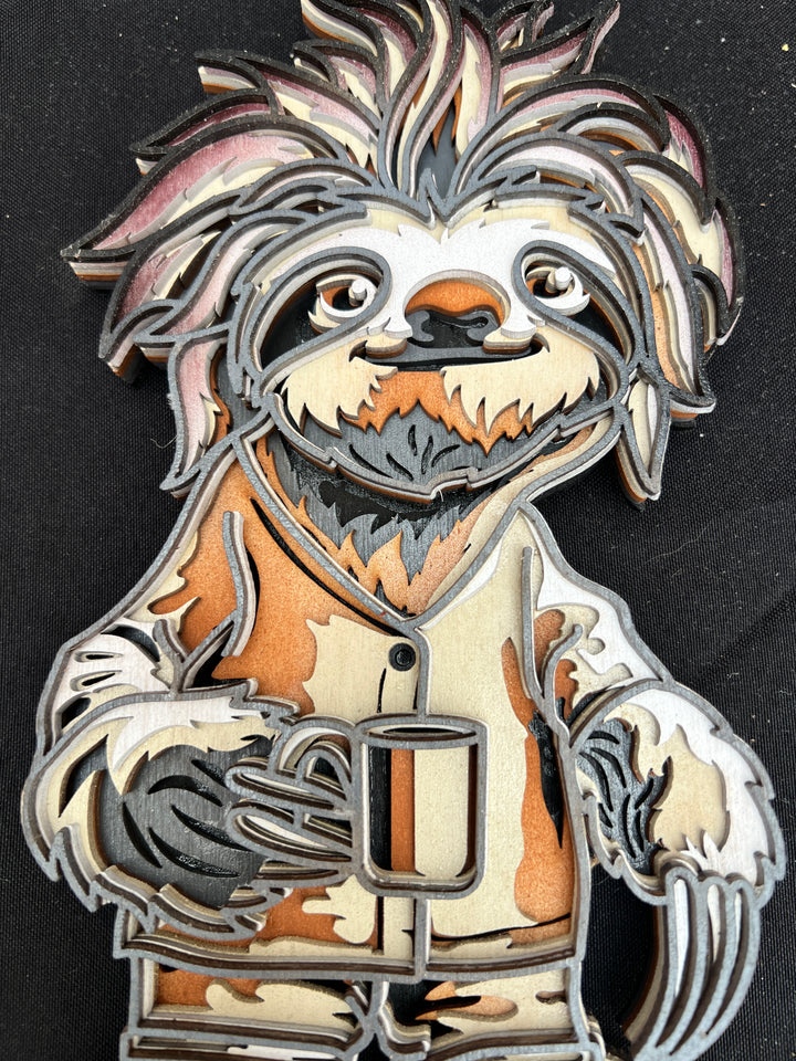 Sloth with coffee cup Yak Layered Wood Art 3D Multilayer Art