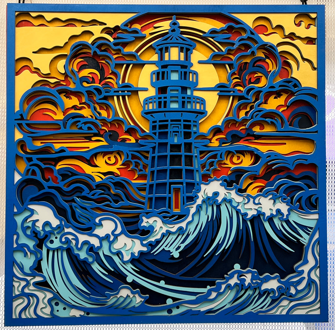 Lighthouse in rough Sea Mandala 3D Art Multilayer Wood