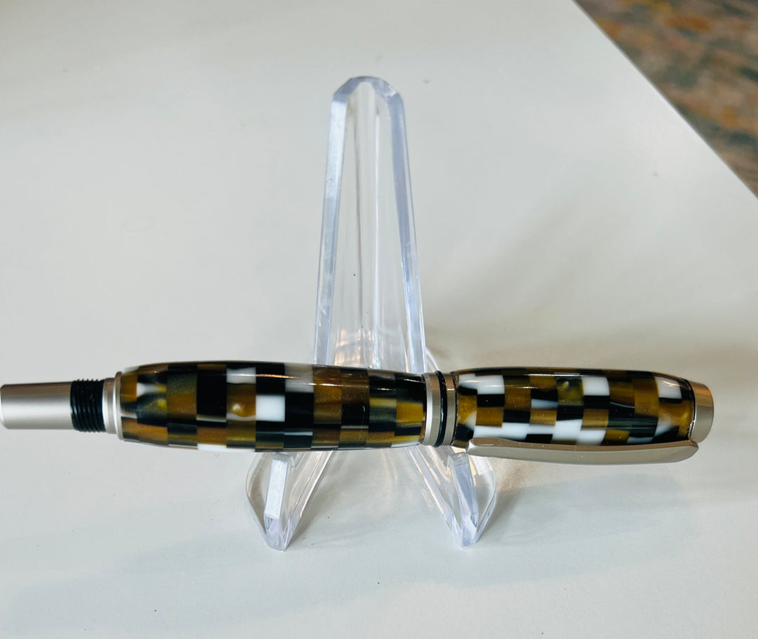 Pen Ballpoint Brown Black White White Acrylic with Two Tone Brushed Silver Hardware