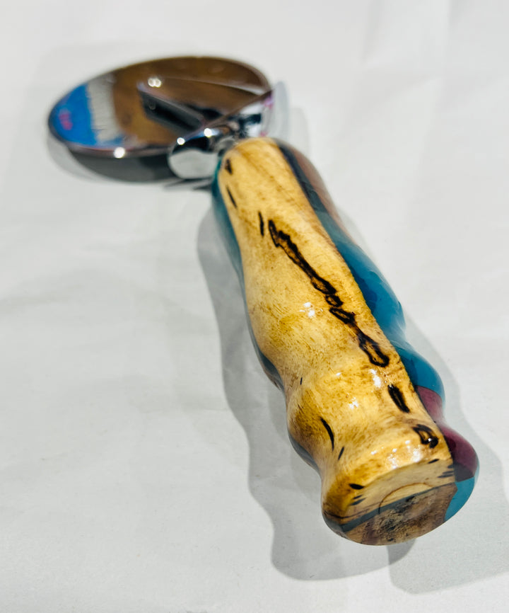 Pizza Cutter Multiple Hardwood Turquoise Blue Acrylic Handle with Stainless Steel Rotary Blade 9440