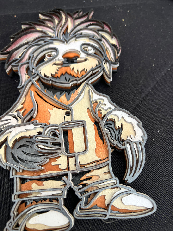 Sloth with coffee cup Yak Layered Wood Art 3D Multilayer Art
