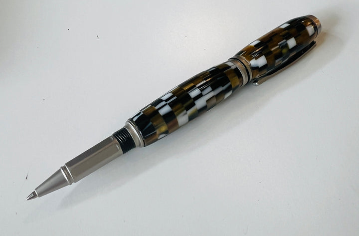 Pen Ballpoint Brown Black White White Acrylic with Two Tone Brushed Silver Hardware