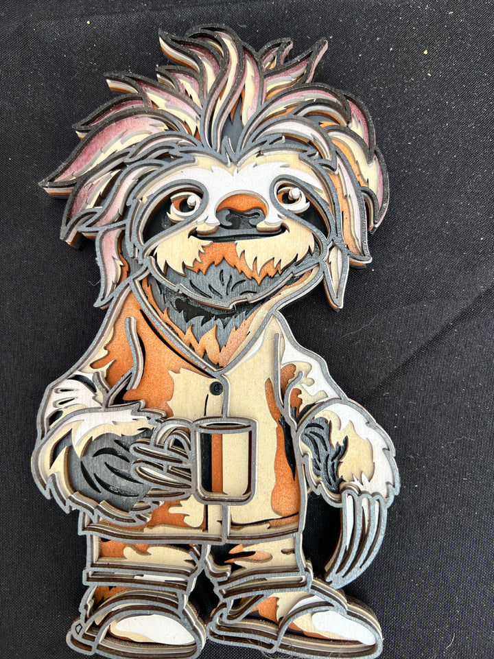 Sloth with coffee cup Yak Layered Wood Art 3D Multilayer Art
