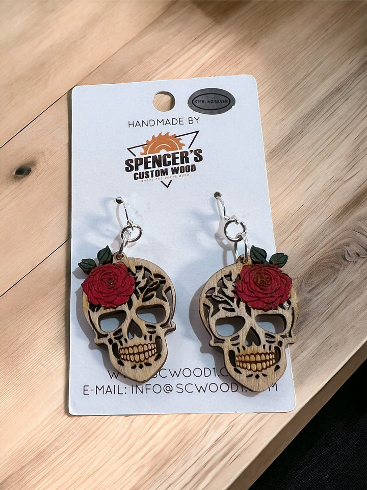 Earrings Wood Painted Sugar Candy Skull Day of the Dead dia de los Muertos Dangle Drop Handmade