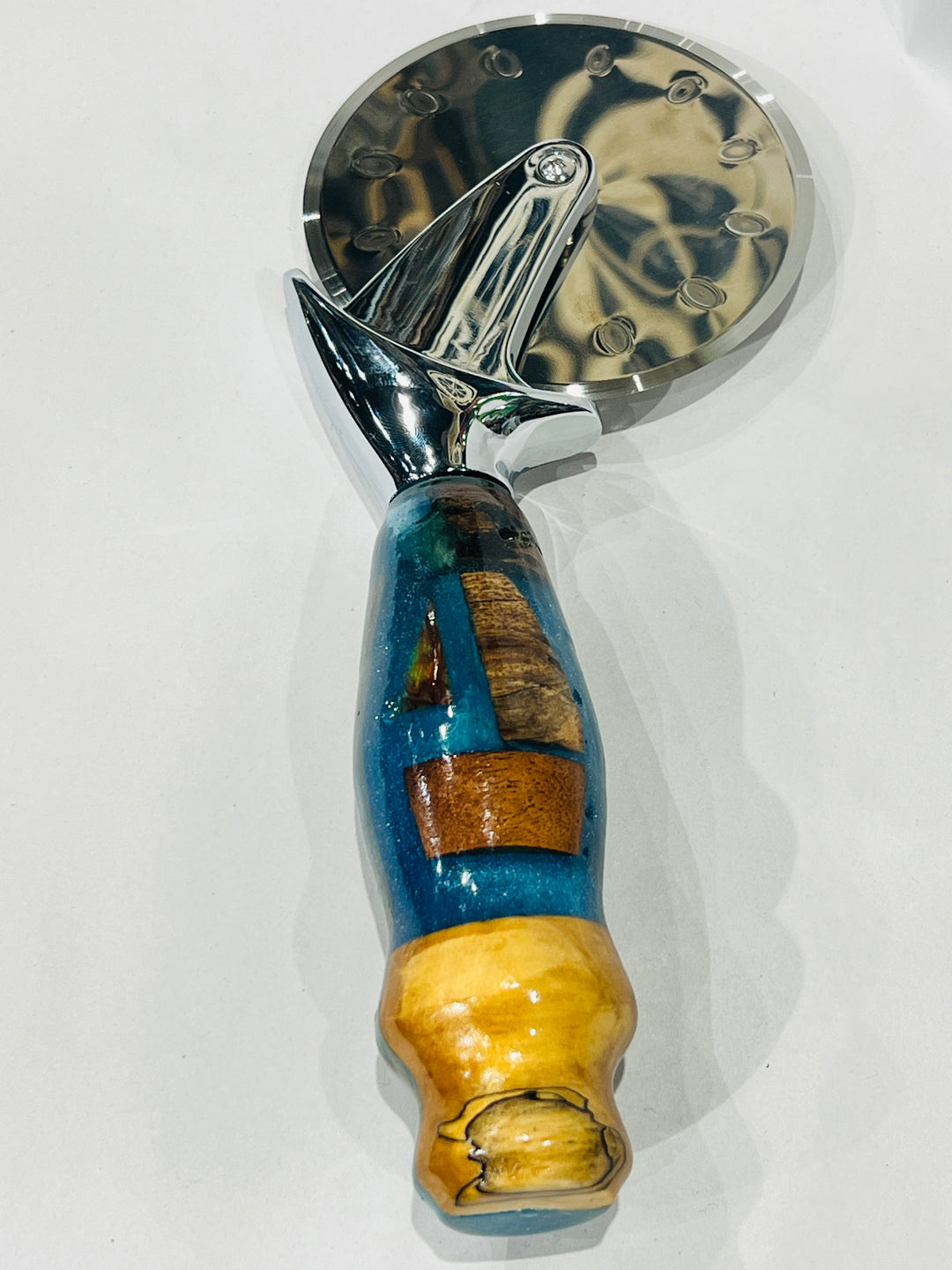 Pizza Cutter multi hardwood Turquoise Blue Acrylic Handle with Stainless Steel Rotary Blade 9804