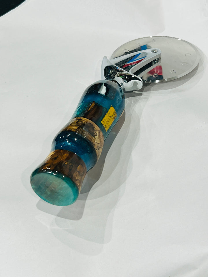 Pizza Cutter multi hardwood Turquoise Blue Acrylic Handle with Stainless Steel Rotary Blade 9801