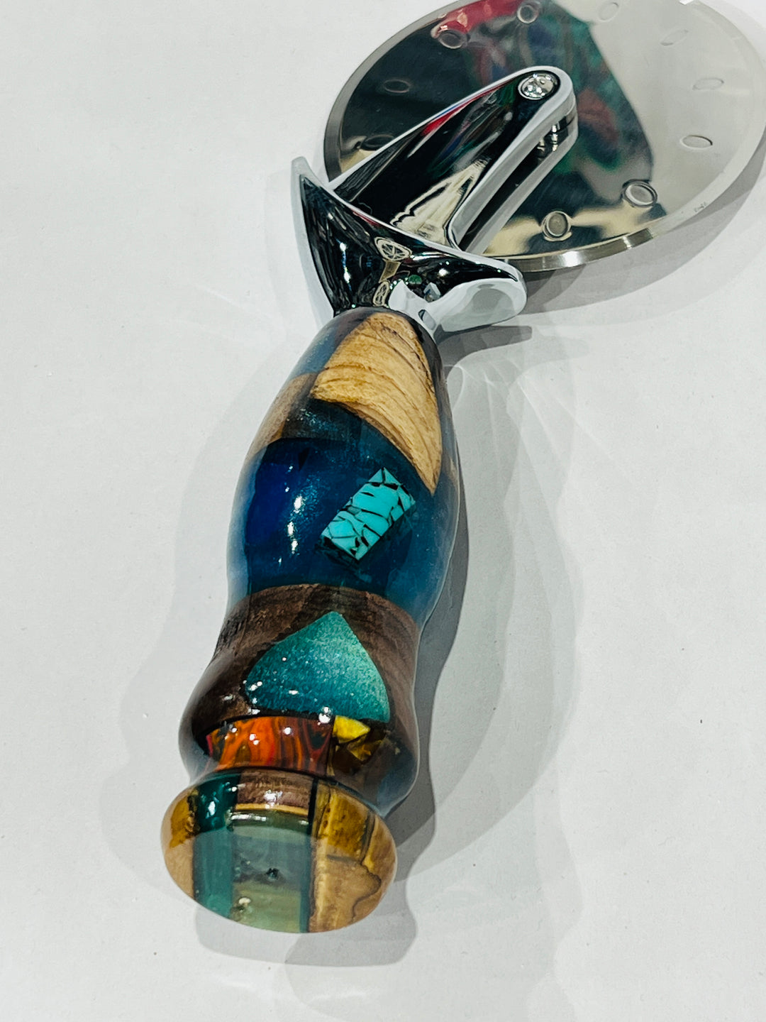 Pizza Cutter Multiple Hardwood Turquoise Blue Acrylic Handle with Stainless Steel Rotary Blade 9805