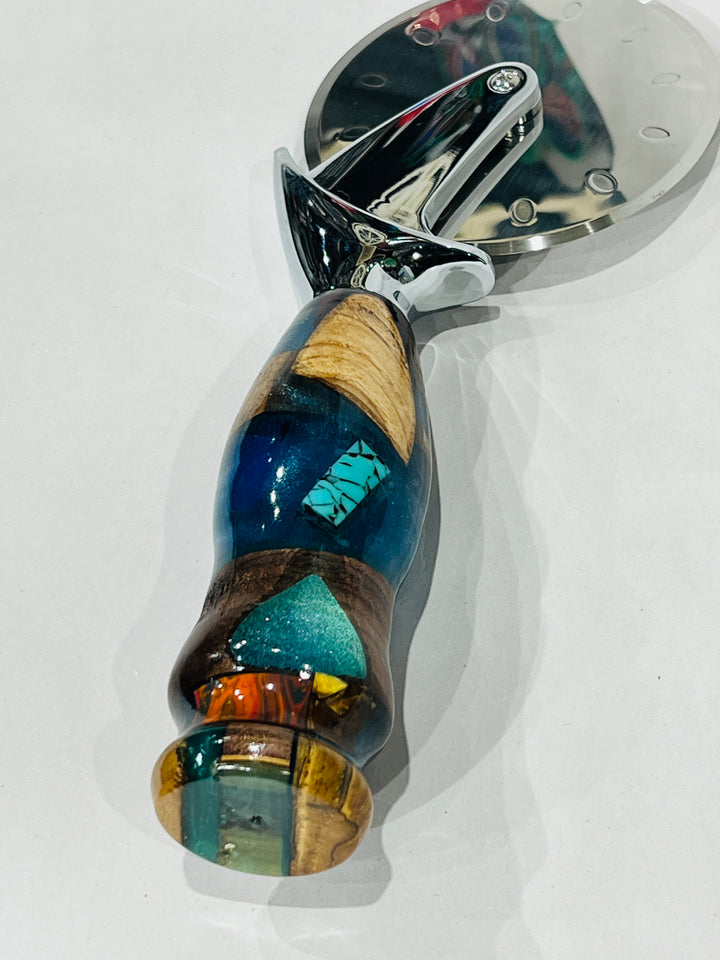 Pizza Cutter Multiple Hardwood Turquoise Blue Acrylic Handle with Stainless Steel Rotary Blade 9805