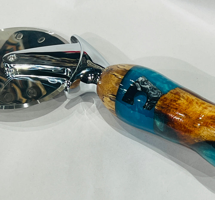 Pizza Cutter multi hardwood Turquoise Blue Acrylic Handle with Stainless Steel Rotary Blade 9803