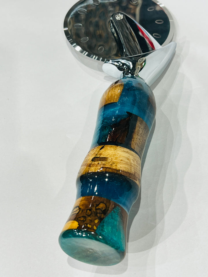 Pizza Cutter multi hardwood Turquoise Blue Acrylic Handle with Stainless Steel Rotary Blade 9801