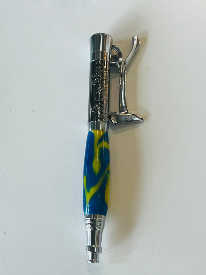 Pen Ballpoint Brown Blue Yellow Swirl Acrylic Ax with Lever Action Two Tone Silver Gunmetal Hardware